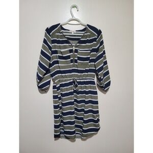 Stella Tweed Striped Zip Front Mini Dress Olive Navy‎ Blue White Size Medium